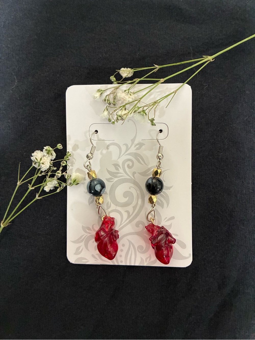 Red Anatomical Heart Dangle Earrings with Black Bead Accents